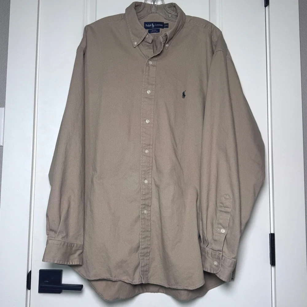 Polo Ralph Lauren Blake Shirt Mens XL Tan Khaki 100% Cotton Twill Long Sleeve